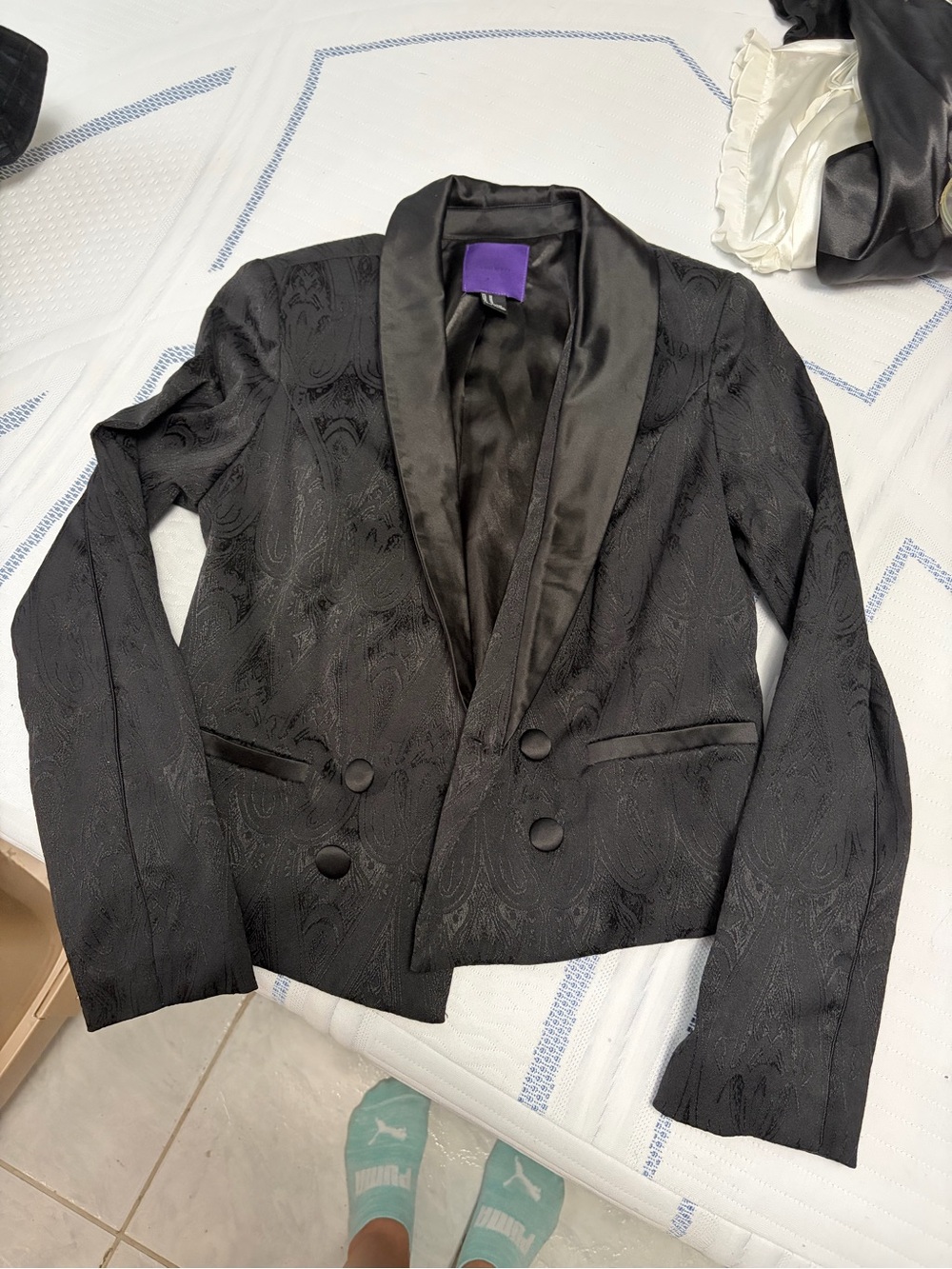 Forever 21 Black Paisley Double-Breasted Satin Lapel Blazer